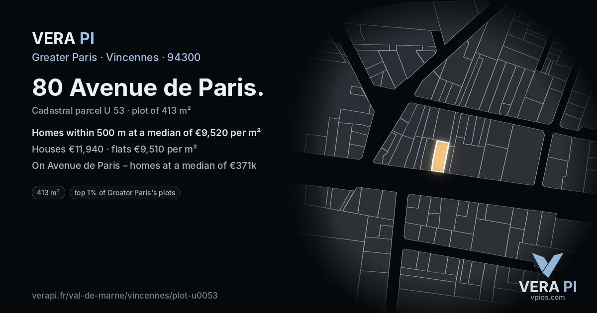 80 Avenue de Paris, Vincennes at night – the plot lit, the parcels around coloured by the prices near them