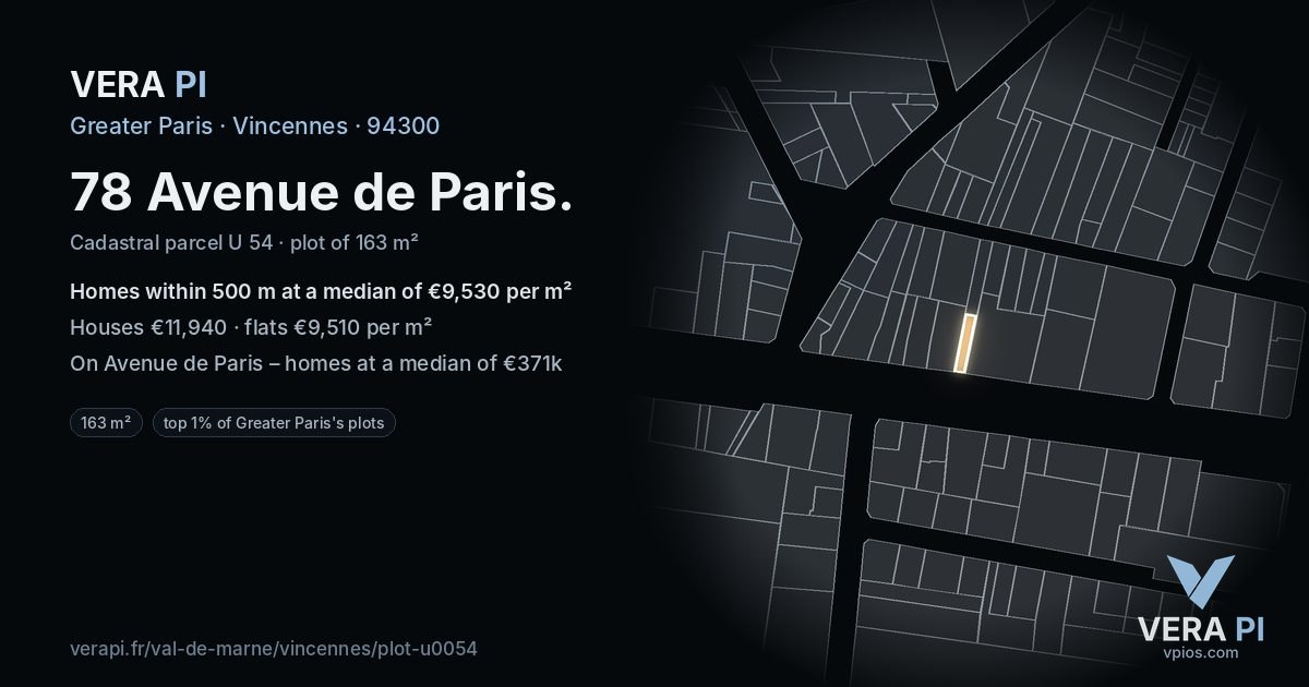 78 Avenue de Paris, Vincennes at night – the plot lit, the parcels around coloured by the prices near them