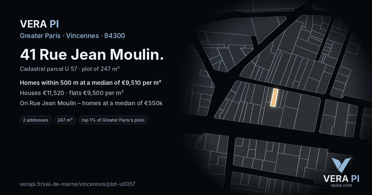 41 Rue Jean Moulin, Vincennes at night – the plot lit, the parcels around coloured by the prices near them