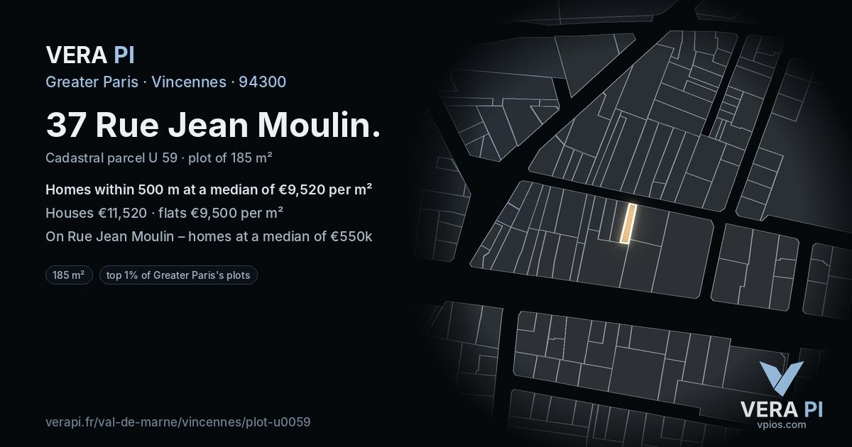 37 Rue Jean Moulin, Vincennes at night – the plot lit, the parcels around coloured by the prices near them
