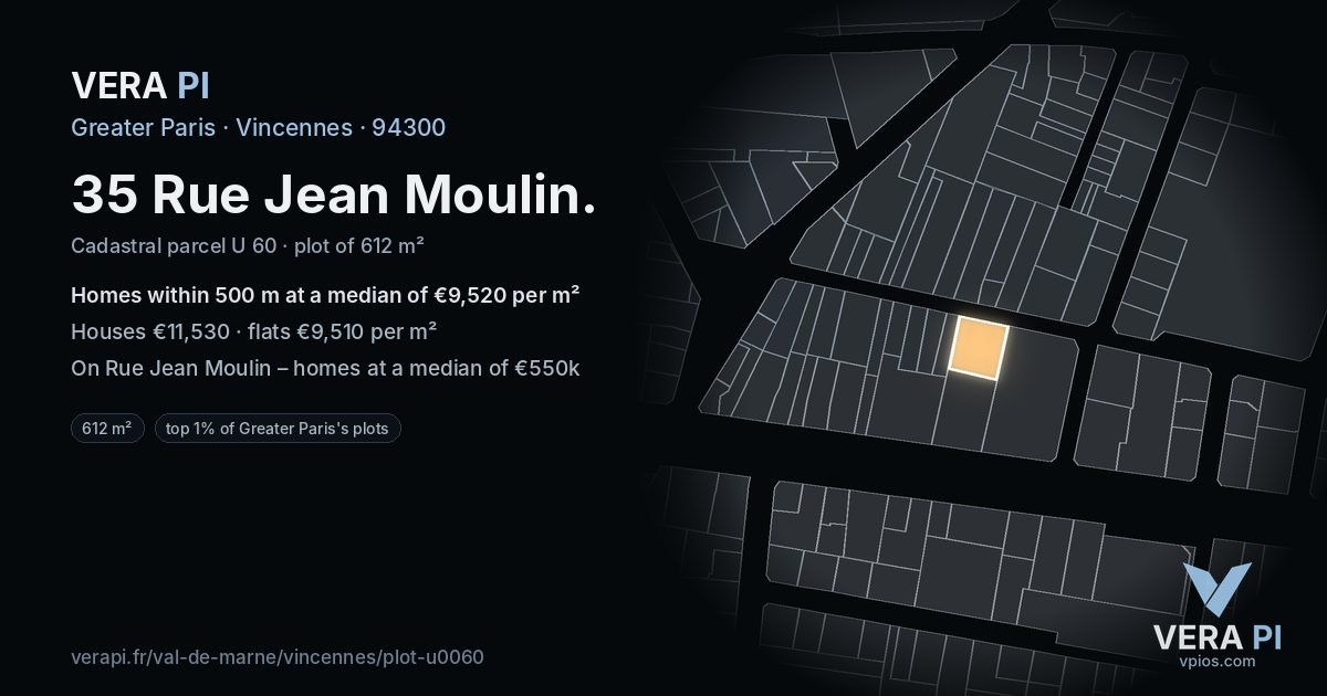35 Rue Jean Moulin, Vincennes at night – the plot lit, the parcels around coloured by the prices near them