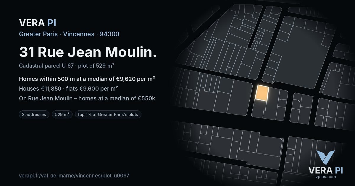 31 Rue Jean Moulin, Vincennes at night – the plot lit, the parcels around coloured by the prices near them