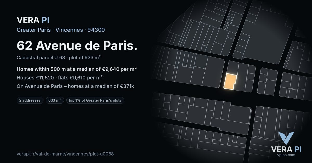 62 Avenue de Paris, Vincennes at night – the plot lit, the parcels around coloured by the prices near them