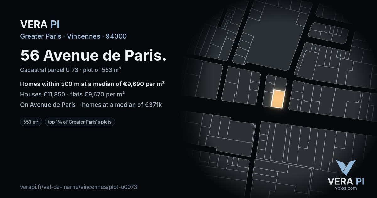 56 Avenue de Paris, Vincennes at night – the plot lit, the parcels around coloured by the prices near them