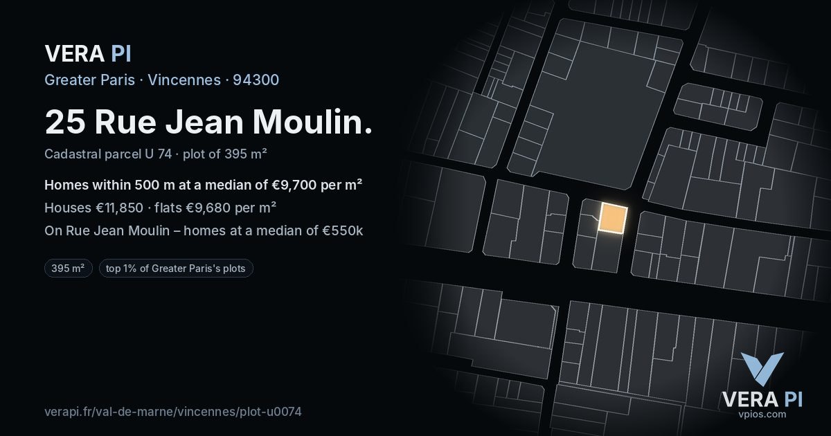 25 Rue Jean Moulin, Vincennes at night – the plot lit, the parcels around coloured by the prices near them