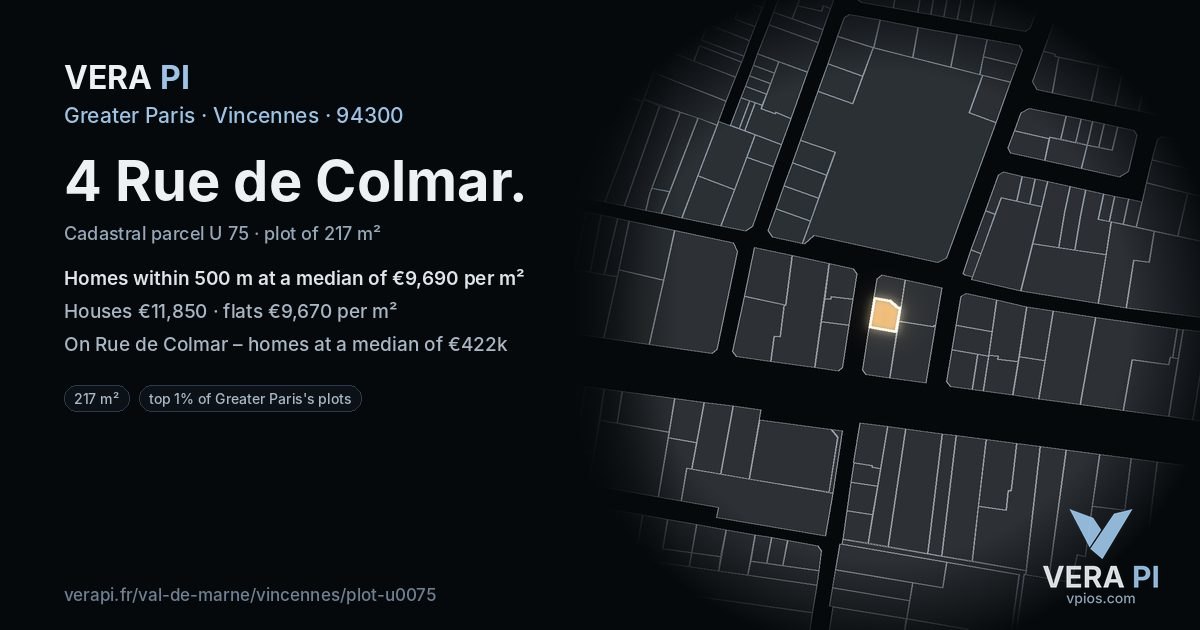4 Rue de Colmar, Vincennes at night – the plot lit, the parcels around coloured by the prices near them