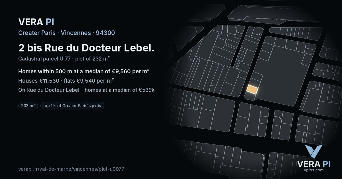 2 bis Rue du Docteur Lebel, Vincennes at night – the plot lit, the parcels around coloured by the prices near them