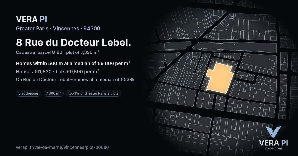 8 Rue du Docteur Lebel, Vincennes at night – the plot lit, the parcels around coloured by the prices near them