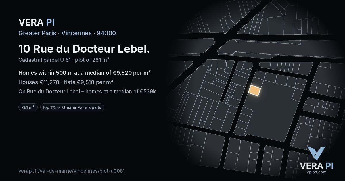 10 Rue du Docteur Lebel, Vincennes at night – the plot lit, the parcels around coloured by the prices near them