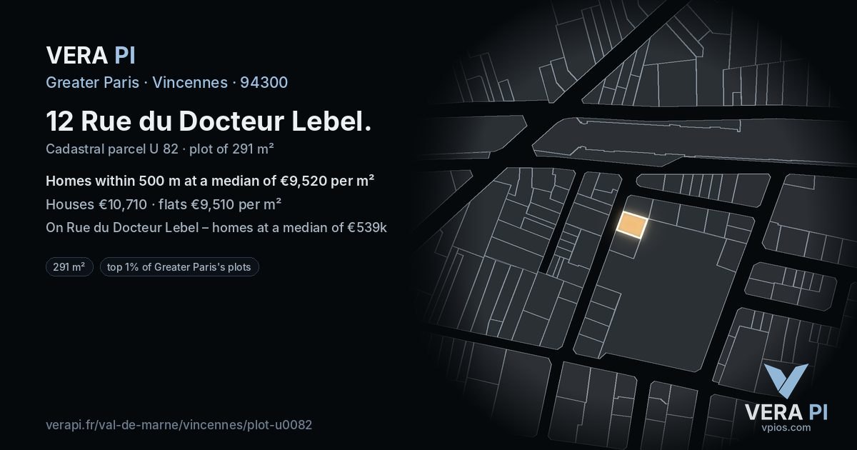12 Rue du Docteur Lebel, Vincennes at night – the plot lit, the parcels around coloured by the prices near them