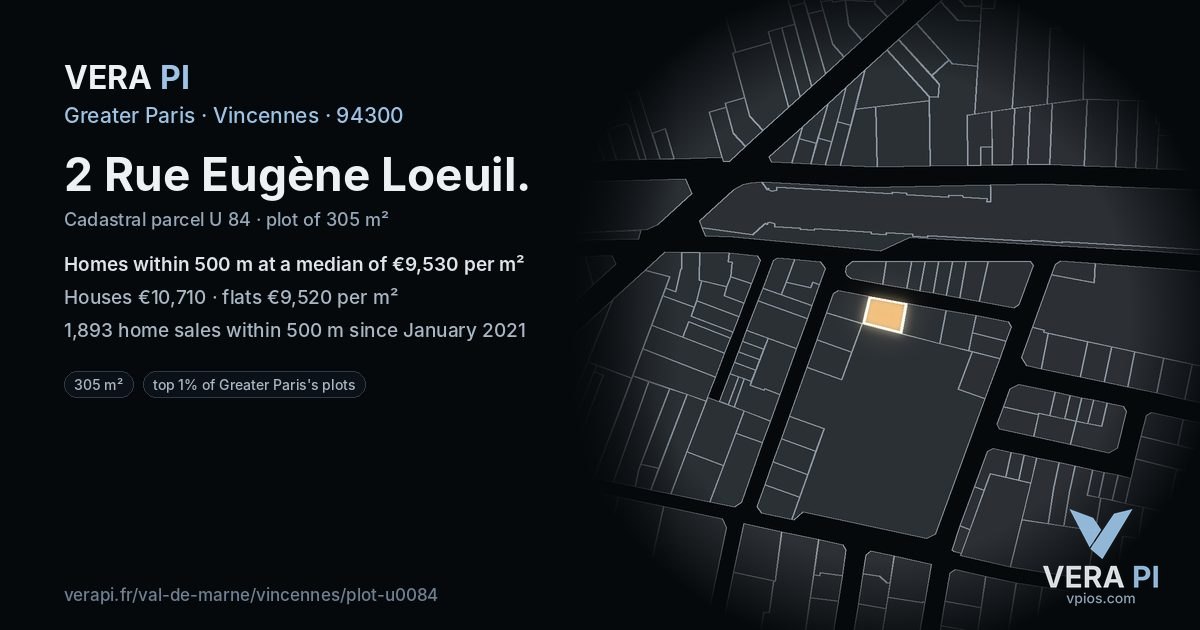 2 Rue Eugène Loeuil, Vincennes at night – the plot lit, the parcels around coloured by the prices near them