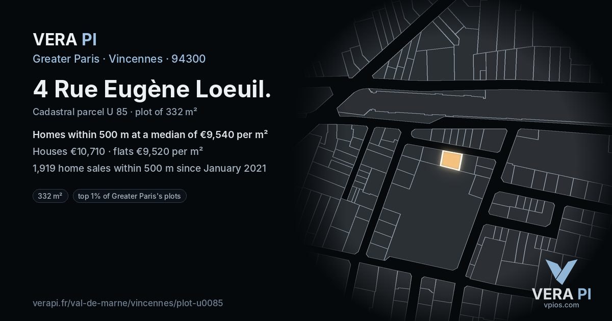 4 Rue Eugène Loeuil, Vincennes at night – the plot lit, the parcels around coloured by the prices near them
