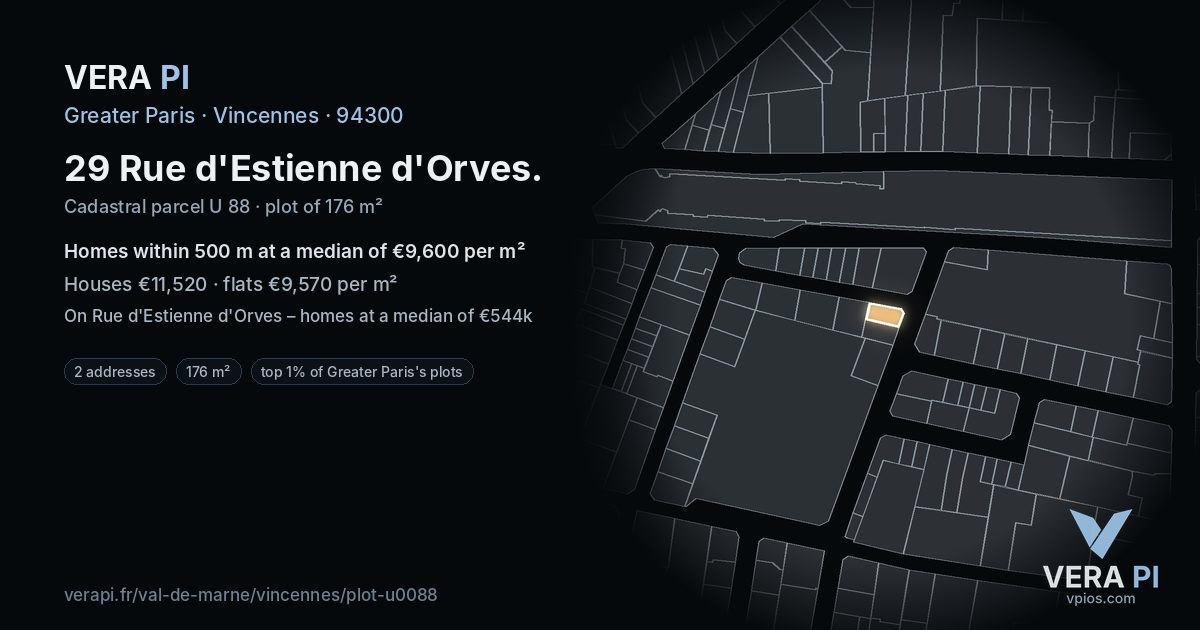 29 Rue d'Estienne d'Orves, Vincennes at night – the plot lit, the parcels around coloured by the prices near them