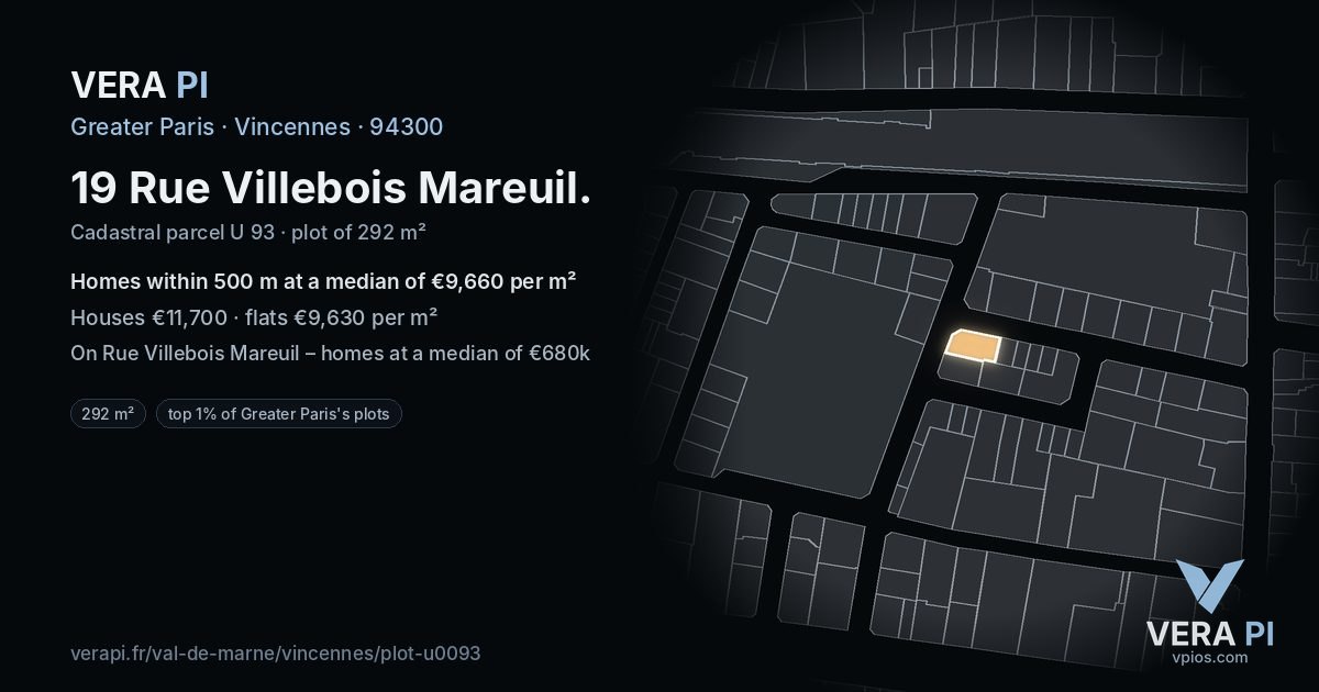 19 Rue Villebois Mareuil, Vincennes at night – the plot lit, the parcels around coloured by the prices near them