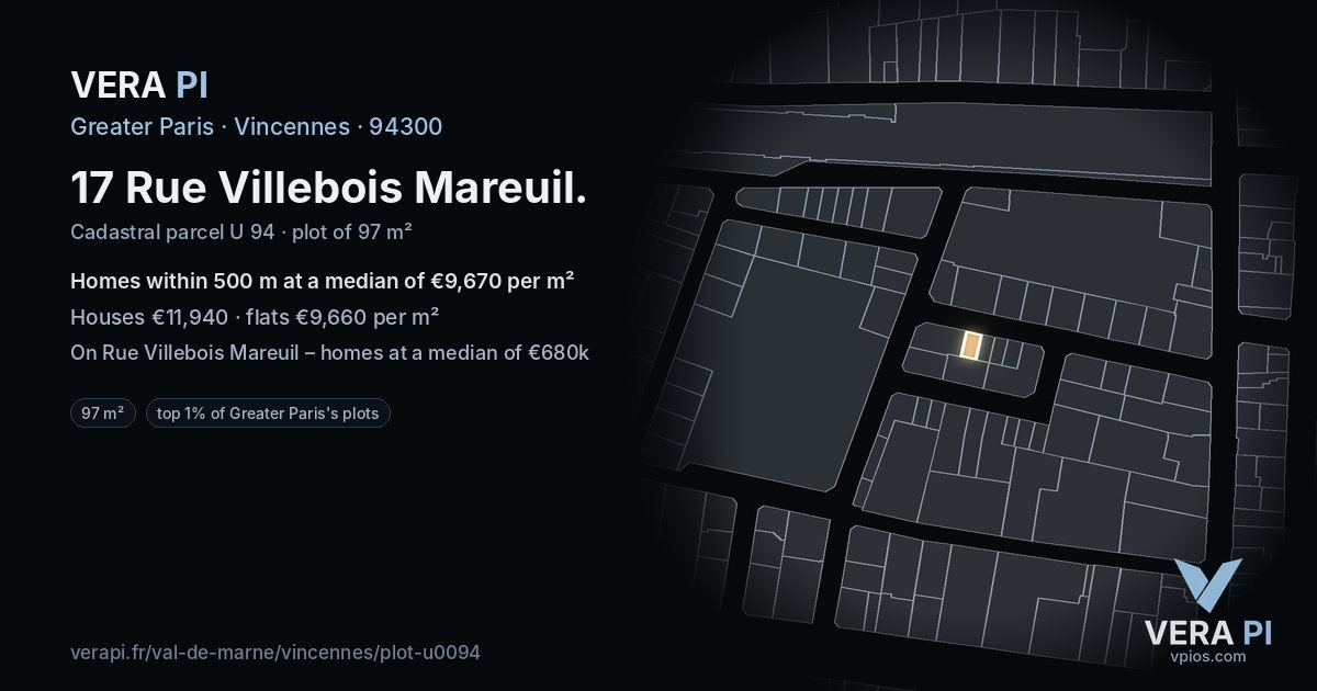 17 Rue Villebois Mareuil, Vincennes at night – the plot lit, the parcels around coloured by the prices near them