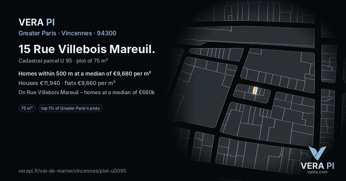 15 Rue Villebois Mareuil, Vincennes at night – the plot lit, the parcels around coloured by the prices near them