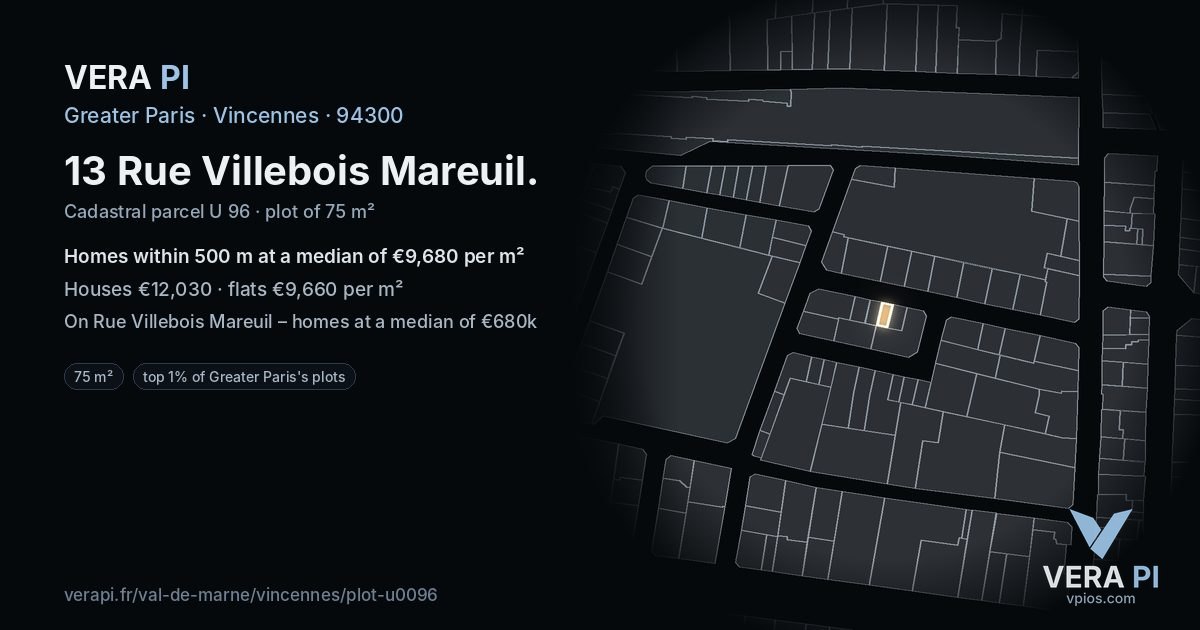 13 Rue Villebois Mareuil, Vincennes at night – the plot lit, the parcels around coloured by the prices near them