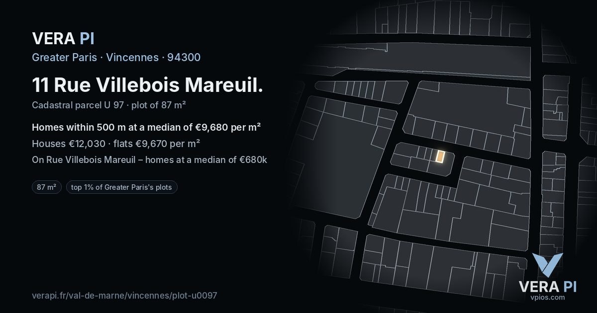 11 Rue Villebois Mareuil, Vincennes at night – the plot lit, the parcels around coloured by the prices near them