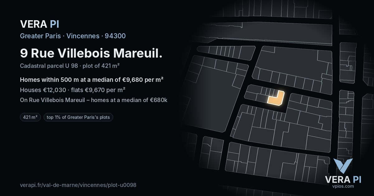9 Rue Villebois Mareuil, Vincennes at night – the plot lit, the parcels around coloured by the prices near them