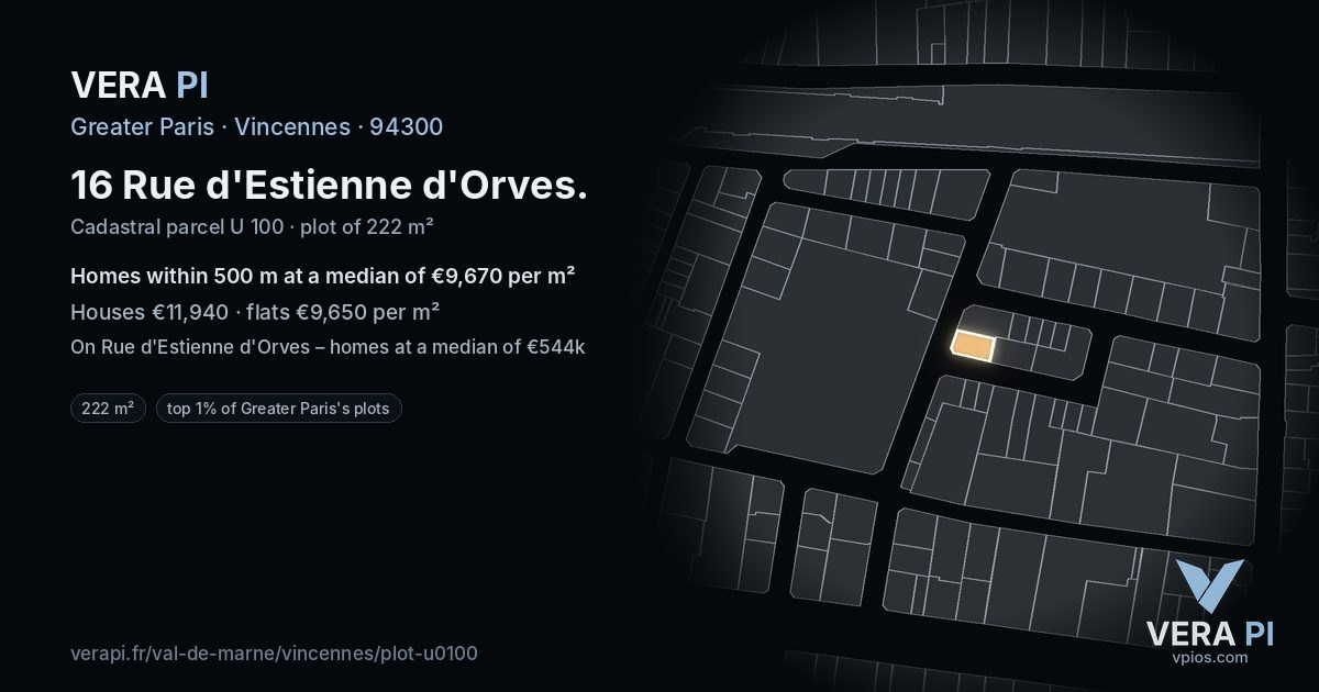 16 Rue d'Estienne d'Orves, Vincennes at night – the plot lit, the parcels around coloured by the prices near them