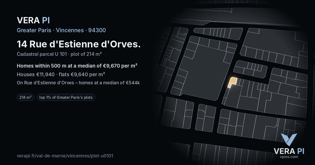 14 Rue d'Estienne d'Orves, Vincennes at night – the plot lit, the parcels around coloured by the prices near them