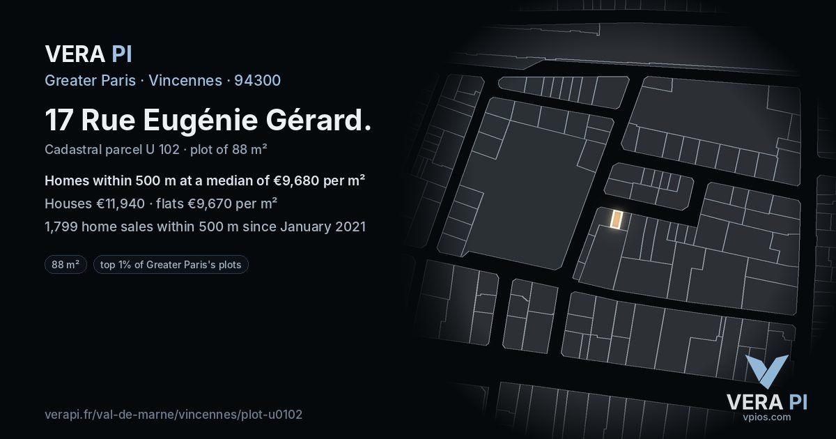 17 Rue Eugénie Gérard, Vincennes at night – the plot lit, the parcels around coloured by the prices near them