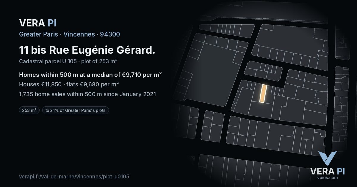 11 bis Rue Eugénie Gérard, Vincennes at night – the plot lit, the parcels around coloured by the prices near them