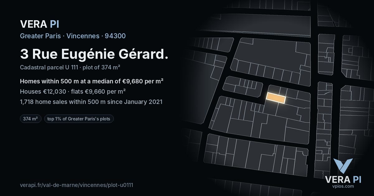 3 Rue Eugénie Gérard, Vincennes at night – the plot lit, the parcels around coloured by the prices near them