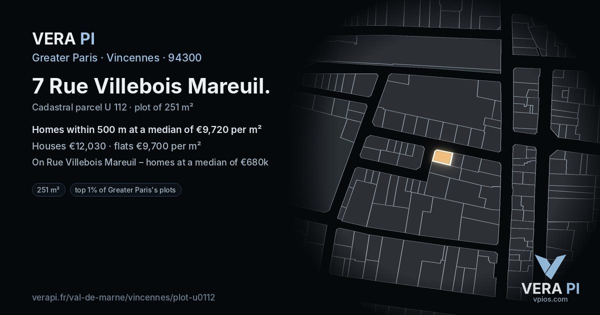 7 Rue Villebois Mareuil, Vincennes at night – the plot lit, the parcels around coloured by the prices near them