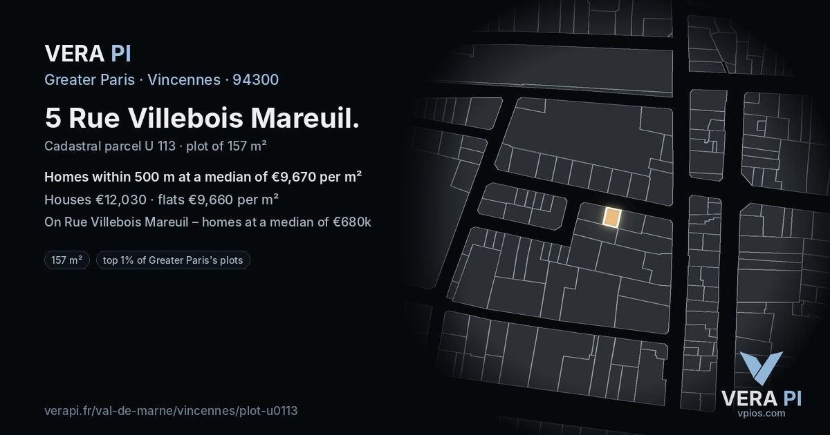 5 Rue Villebois Mareuil, Vincennes at night – the plot lit, the parcels around coloured by the prices near them