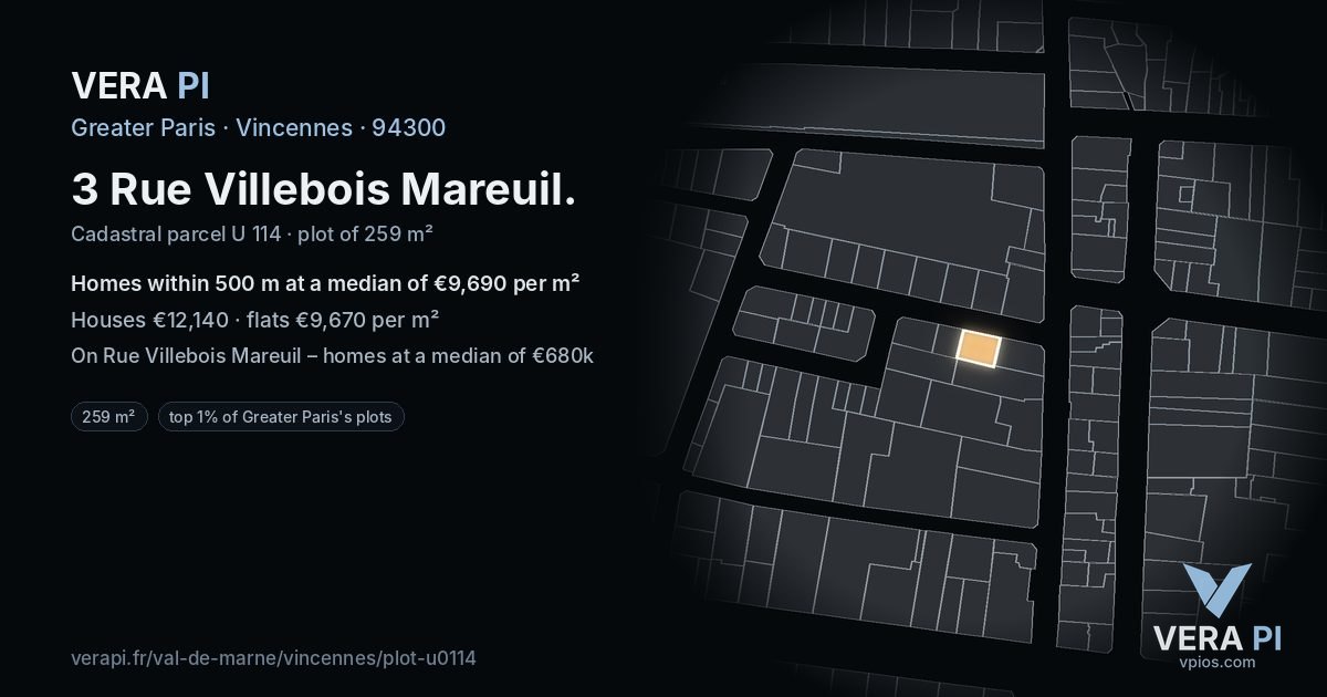 3 Rue Villebois Mareuil, Vincennes at night – the plot lit, the parcels around coloured by the prices near them