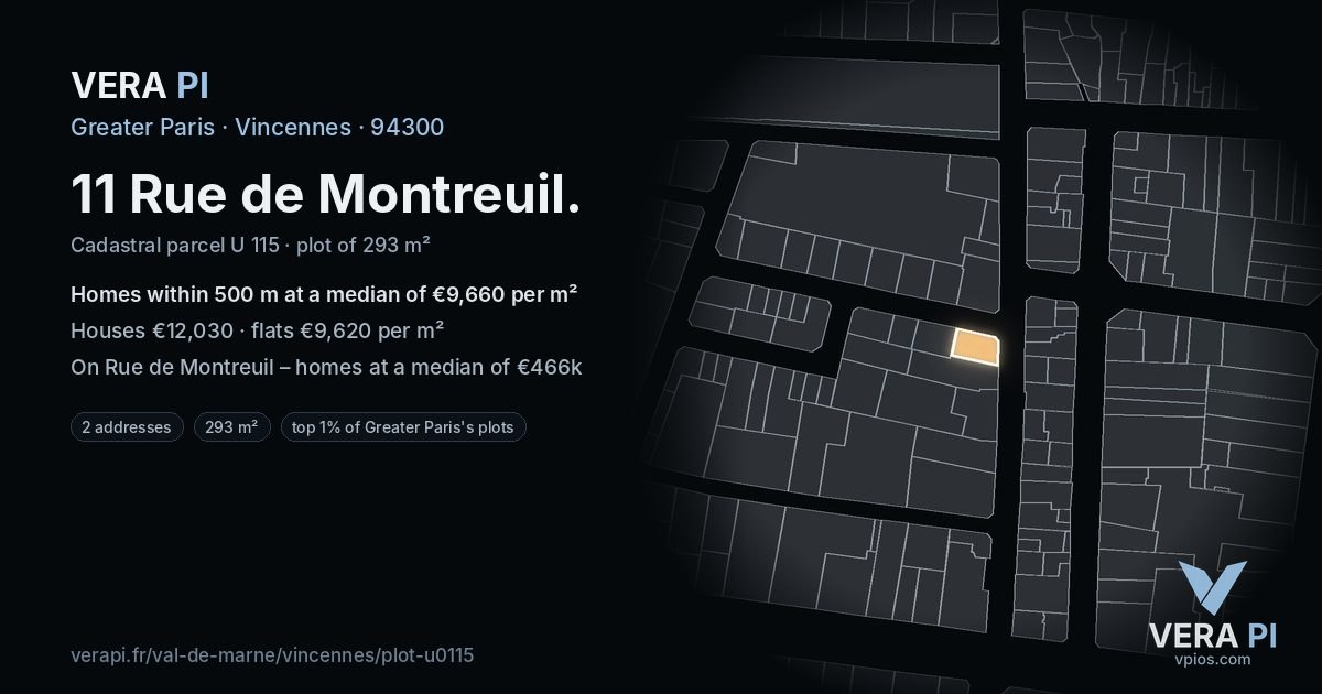 11 Rue de Montreuil, Vincennes at night – the plot lit, the parcels around coloured by the prices near them