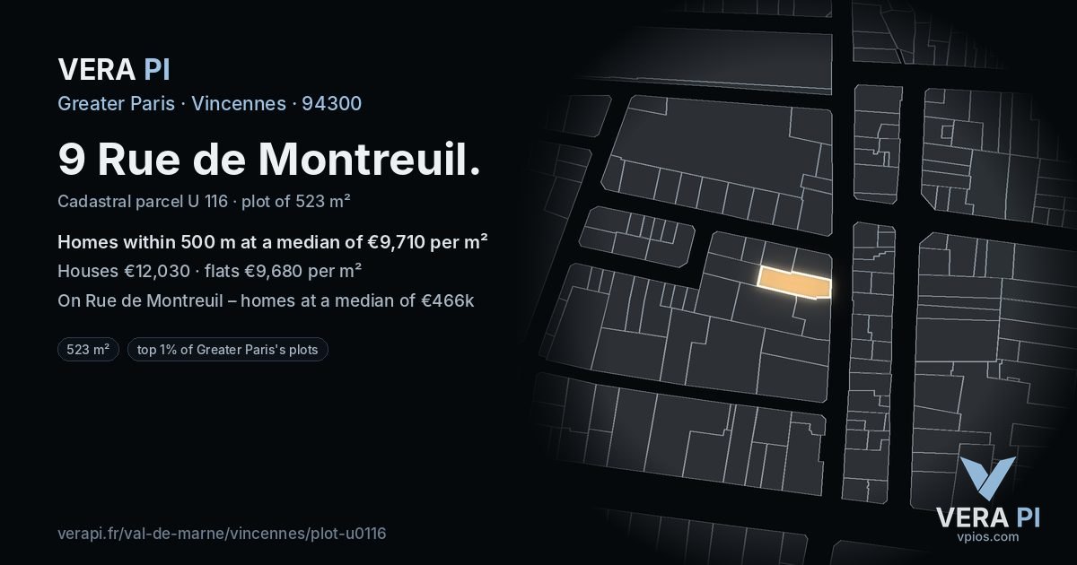 9 Rue de Montreuil, Vincennes at night – the plot lit, the parcels around coloured by the prices near them