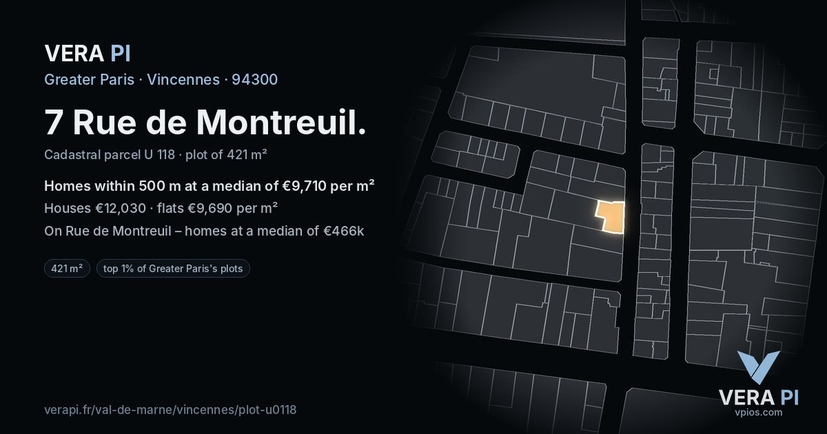 7 Rue de Montreuil, Vincennes at night – the plot lit, the parcels around coloured by the prices near them
