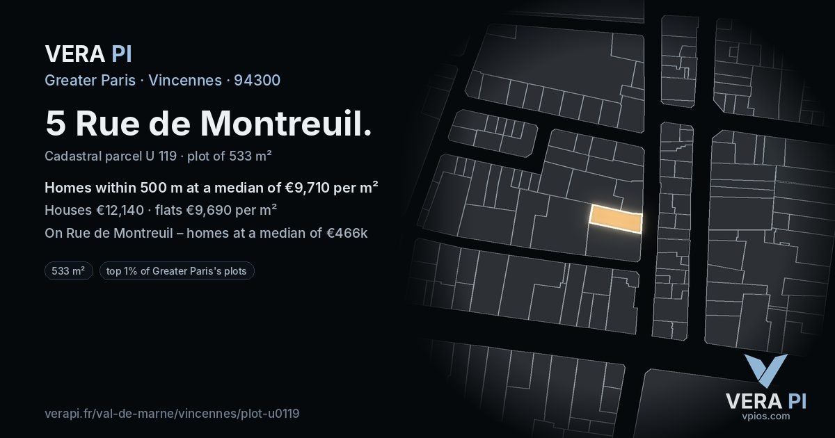 5 Rue de Montreuil, Vincennes at night – the plot lit, the parcels around coloured by the prices near them
