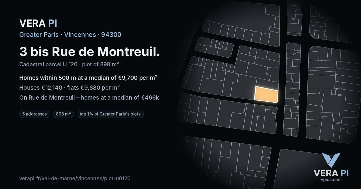 3 bis Rue de Montreuil, Vincennes at night – the plot lit, the parcels around coloured by the prices near them