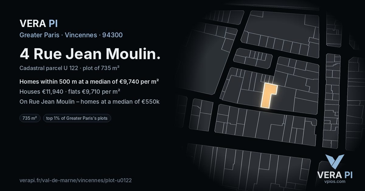 4 Rue Jean Moulin, Vincennes at night – the plot lit, the parcels around coloured by the prices near them