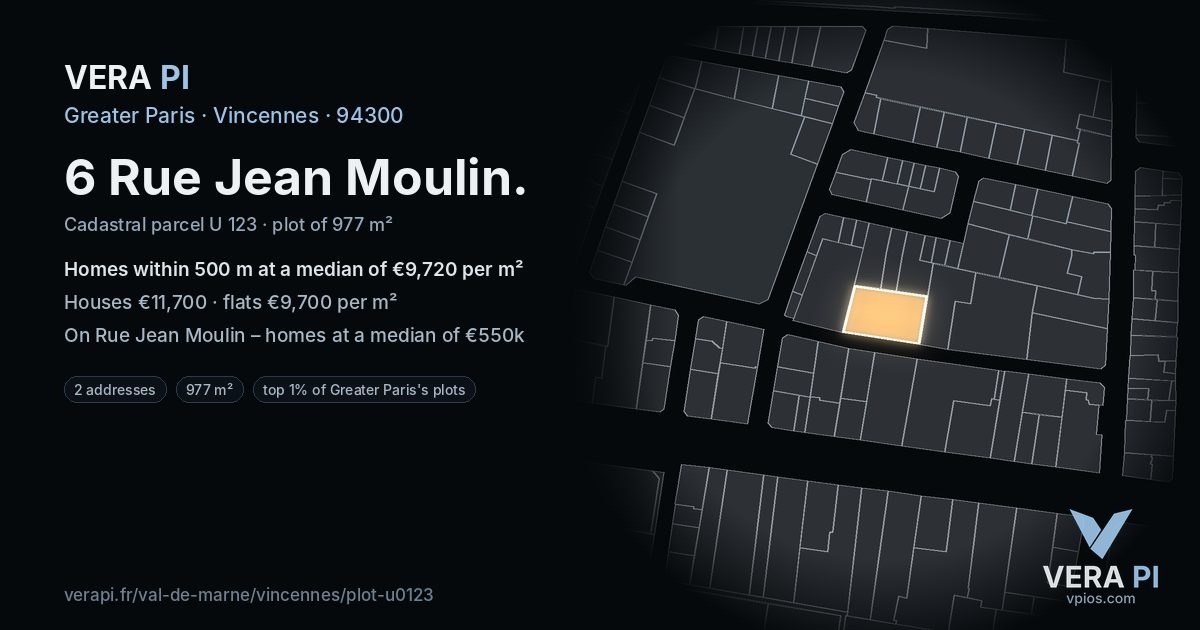 6 Rue Jean Moulin, Vincennes at night – the plot lit, the parcels around coloured by the prices near them