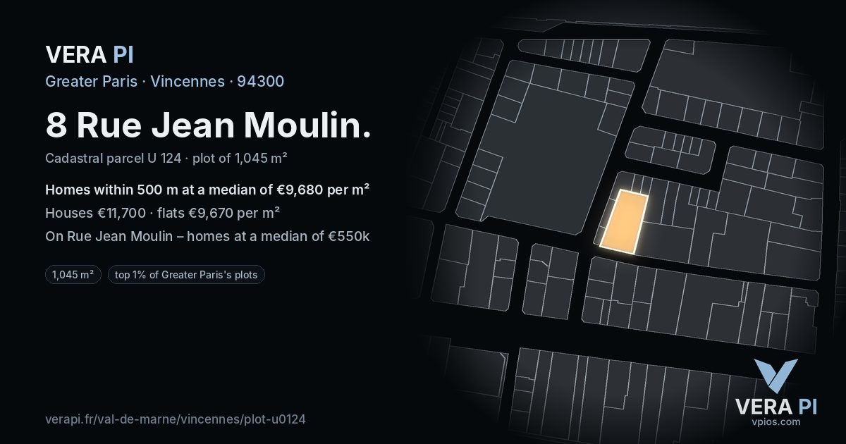 8 Rue Jean Moulin, Vincennes at night – the plot lit, the parcels around coloured by the prices near them