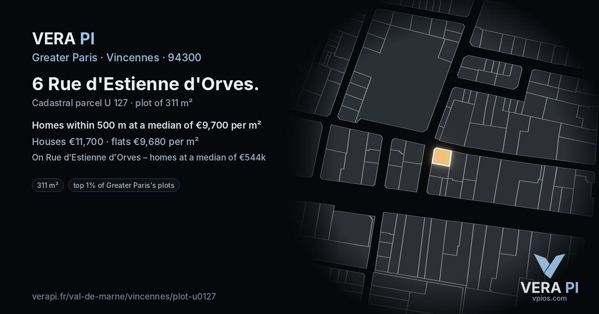 6 Rue d'Estienne d'Orves, Vincennes at night – the plot lit, the parcels around coloured by the prices near them