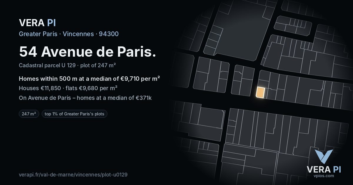 54 Avenue de Paris, Vincennes at night – the plot lit, the parcels around coloured by the prices near them