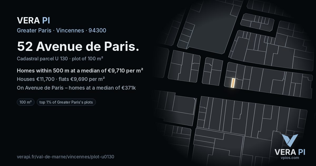 52 Avenue de Paris, Vincennes at night – the plot lit, the parcels around coloured by the prices near them