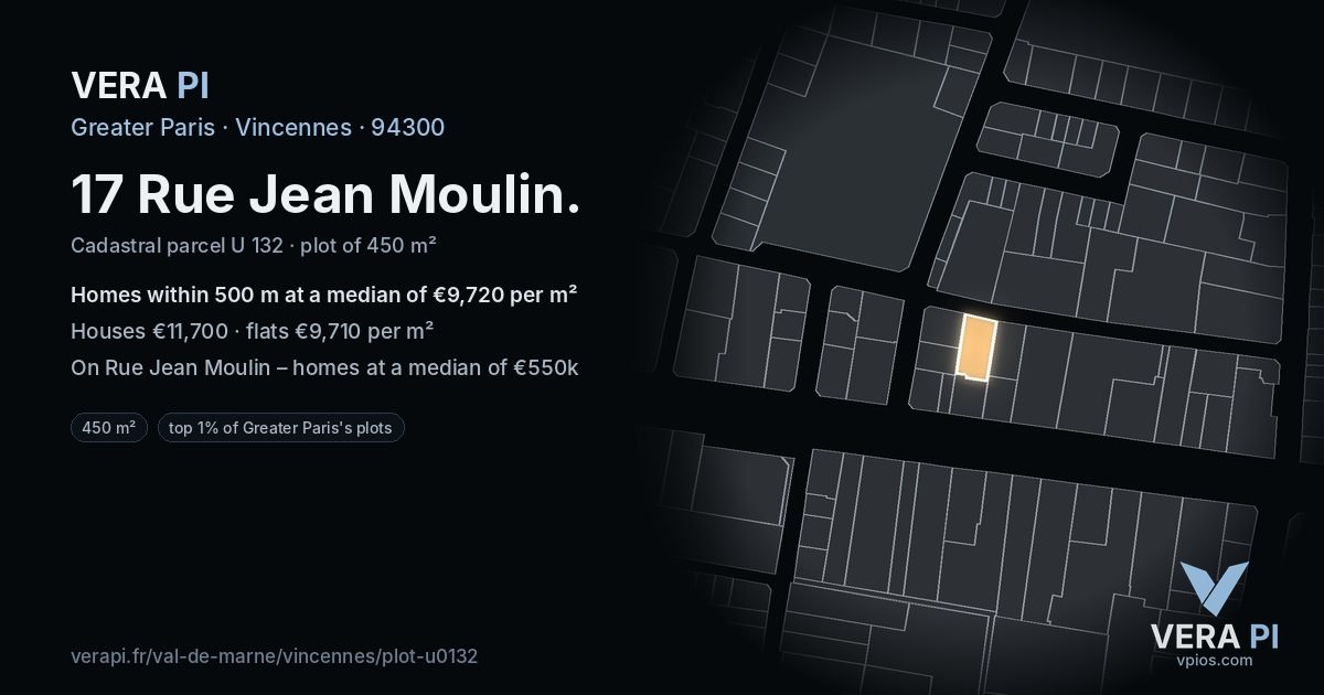 17 Rue Jean Moulin, Vincennes at night – the plot lit, the parcels around coloured by the prices near them