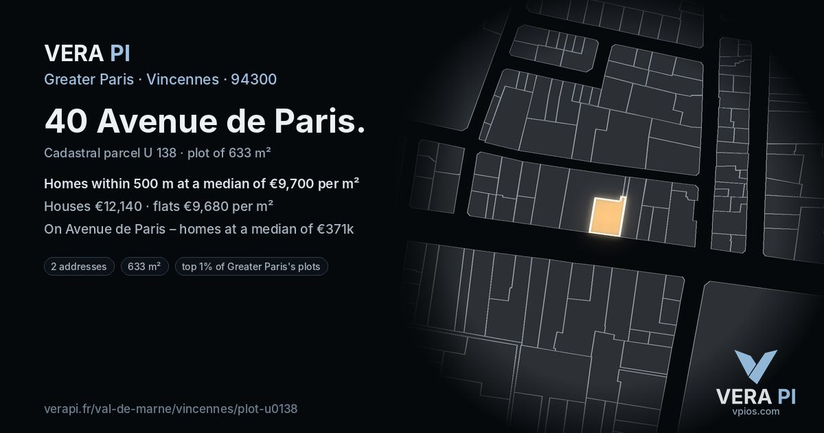 40 Avenue de Paris, Vincennes at night – the plot lit, the parcels around coloured by the prices near them