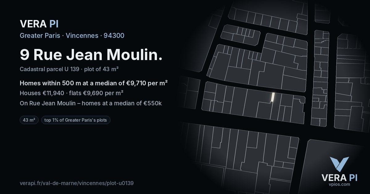 9 Rue Jean Moulin, Vincennes at night – the plot lit, the parcels around coloured by the prices near them