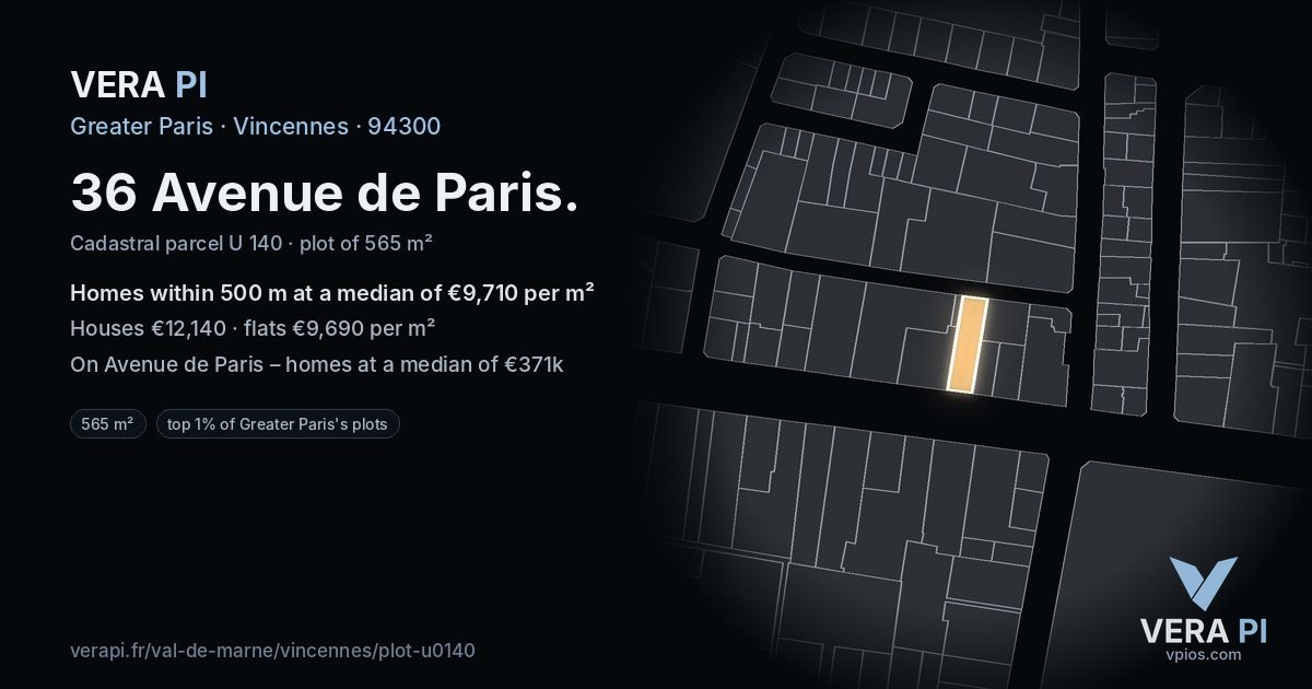 36 Avenue de Paris, Vincennes at night – the plot lit, the parcels around coloured by the prices near them