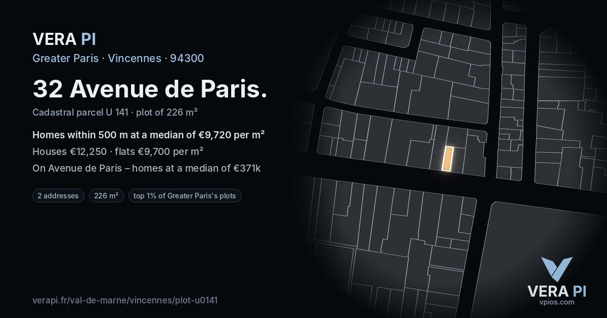32 Avenue de Paris, Vincennes at night – the plot lit, the parcels around coloured by the prices near them