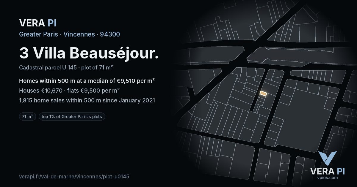 3 Villa Beauséjour, Vincennes at night – the plot lit, the parcels around coloured by the prices near them