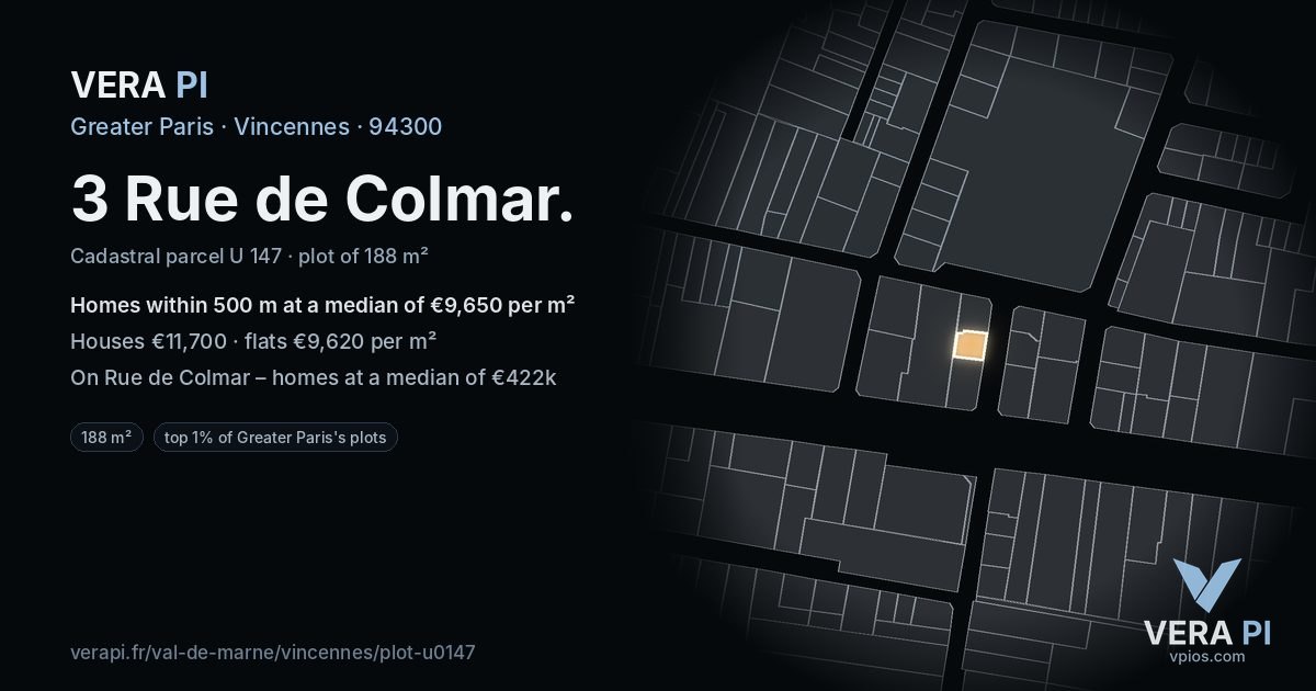 3 Rue de Colmar, Vincennes at night – the plot lit, the parcels around coloured by the prices near them