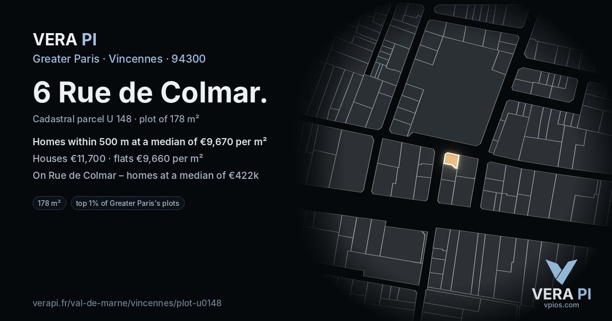6 Rue de Colmar, Vincennes at night – the plot lit, the parcels around coloured by the prices near them